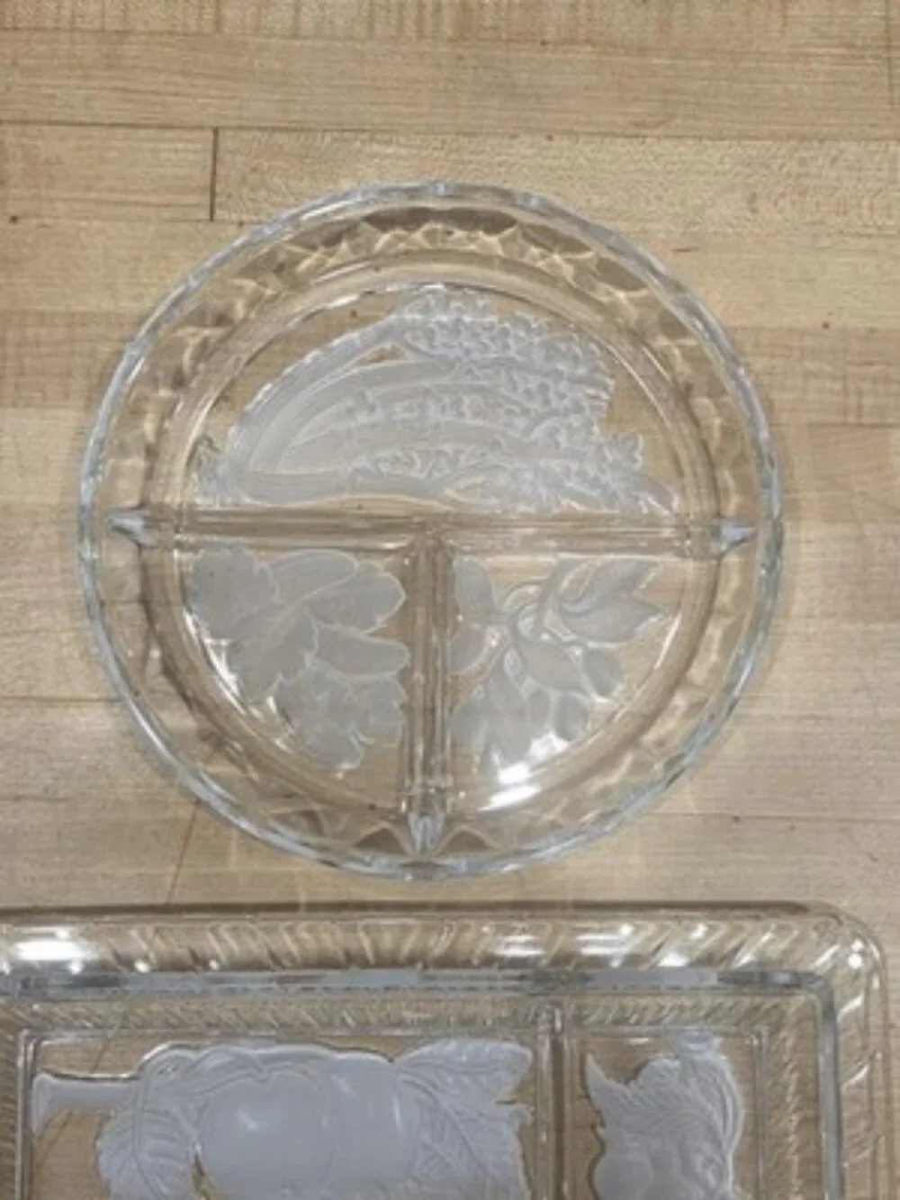 Vintage Clear Frosted Glass Divided Relish Trays Intaglio Fish Fruit Set 2